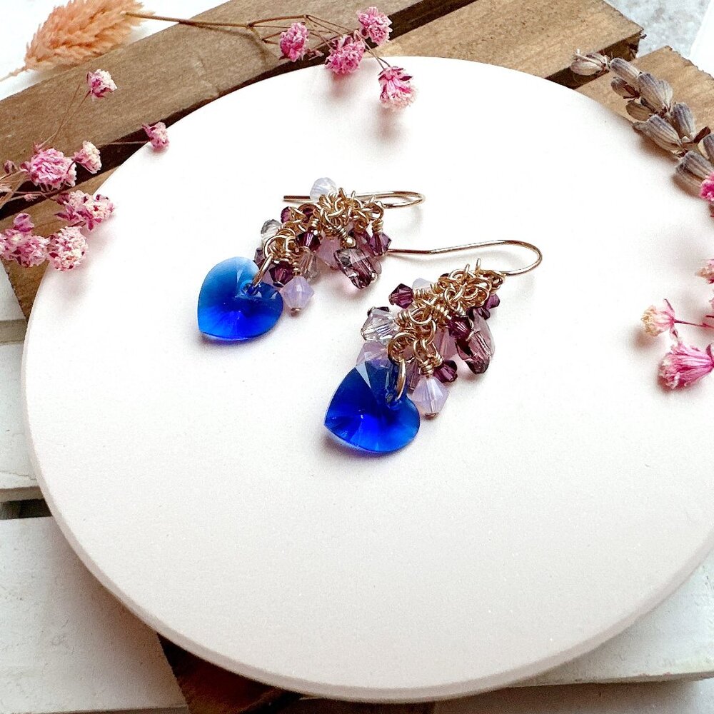 14k Gold-Filled Blue Heart Crystal Cluster Earrings | Handmade in BC